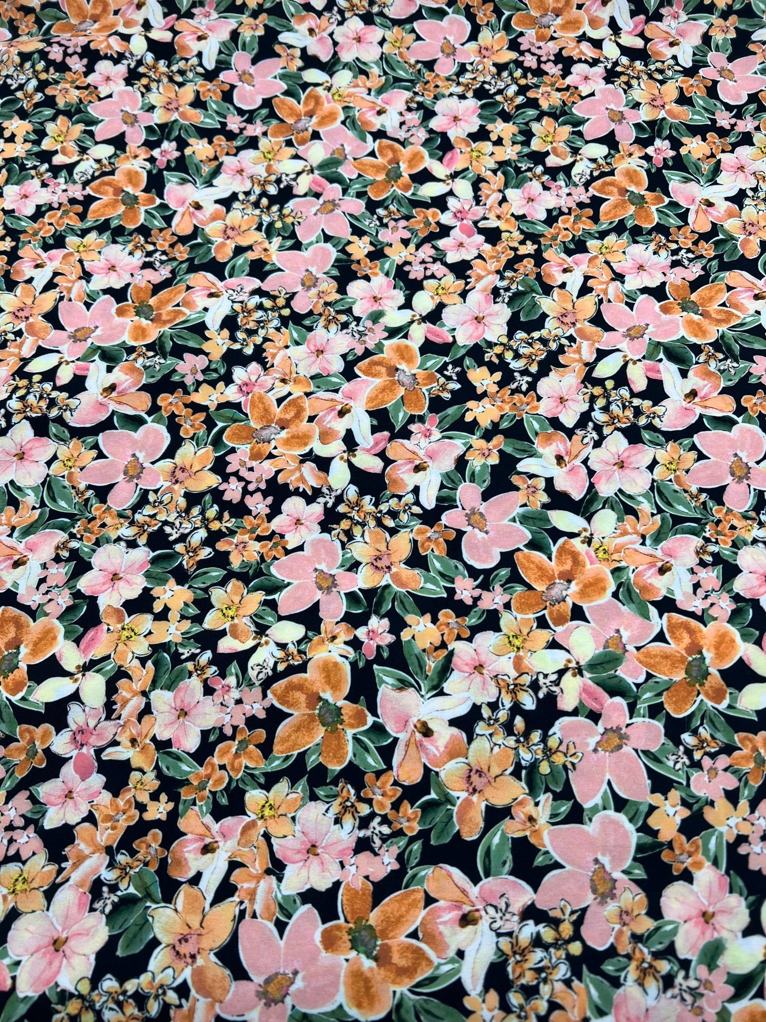 Black Orange Floral Lightweight Non Stretch Woven Dress Craft Fabric - T9 Fabrics